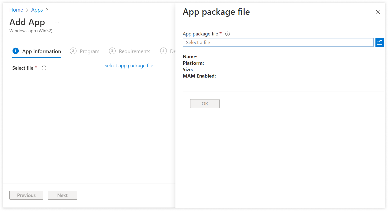 In Add App window, click "select app package ﬁle" to attach intunewin ﬁle.