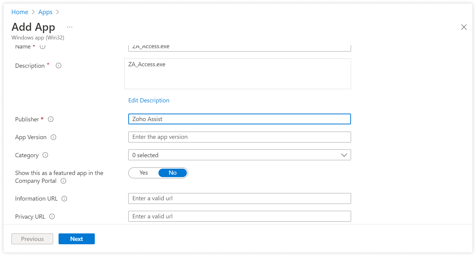 In the Add App section, enter the publisher name as "Zoho Assist" and click Next.
