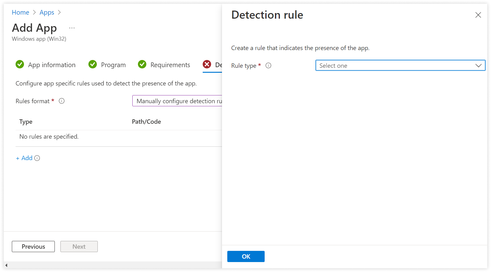 In Detection Rules section, select "Manually Conﬁgure Detection Rule" for Rules format. Click Add.