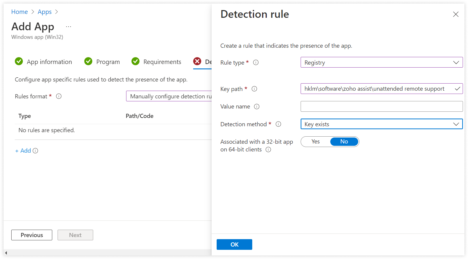 In the Detection Rules section, Select "Registry" under Rule type, Fill Key path, and select "Key exist" for Detection method. 