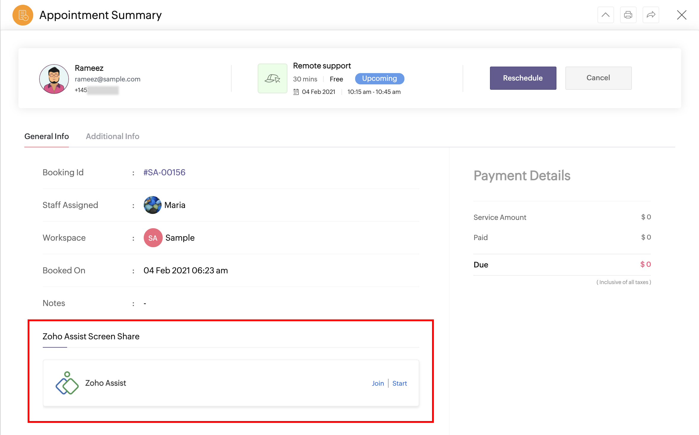 Appointment Summary page in Zoho Bookings