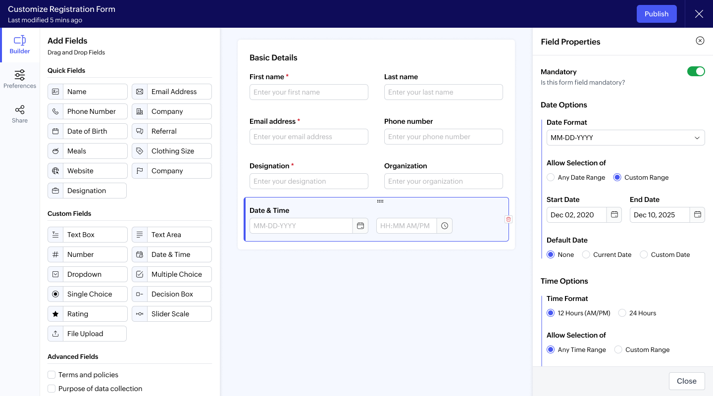 Customizable registration forms from Zoho Backstage that simplify ticketing.