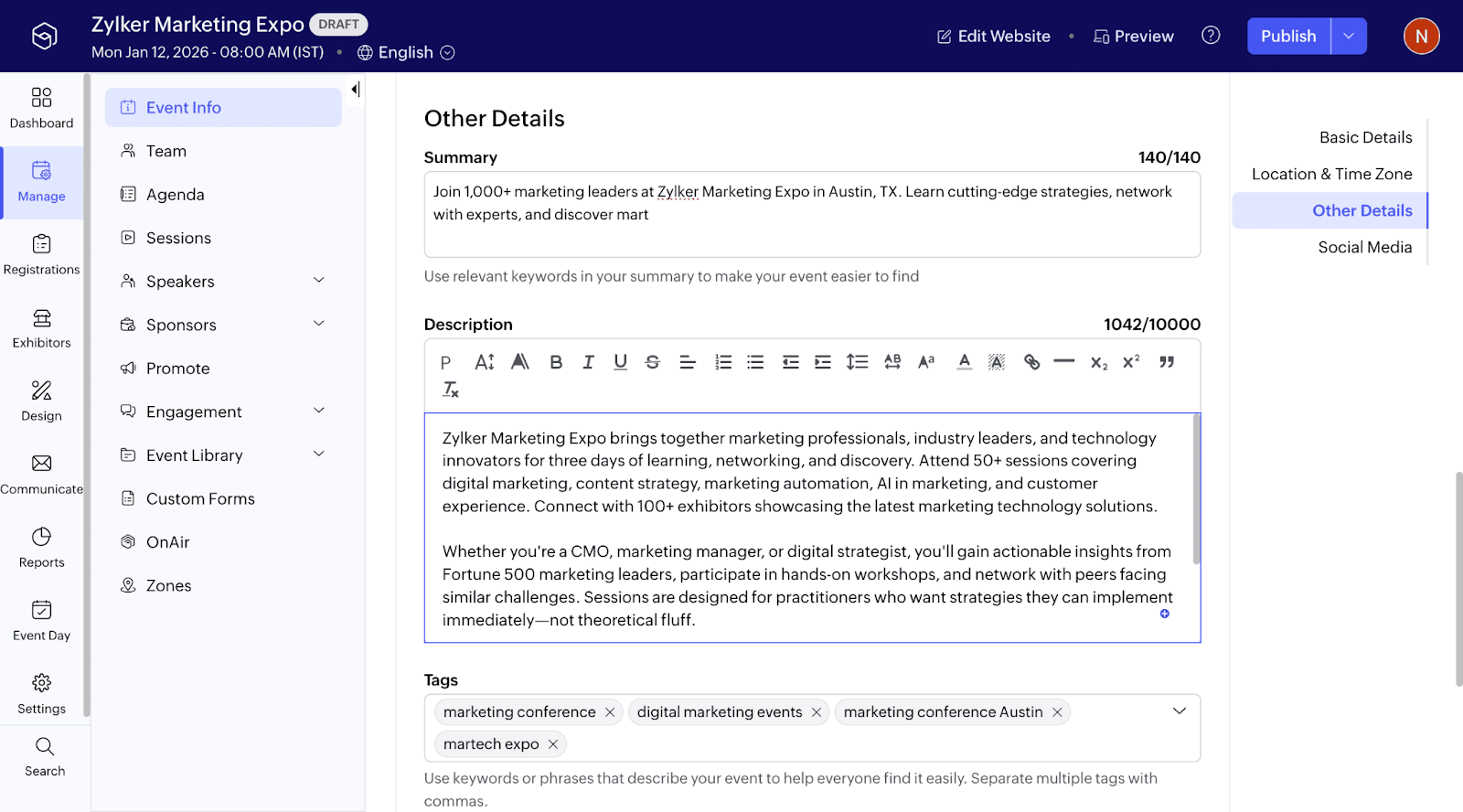 Control your event's search visibility directly in Backstage. Add categories, tags, and keyword-rich summaries in minutes.