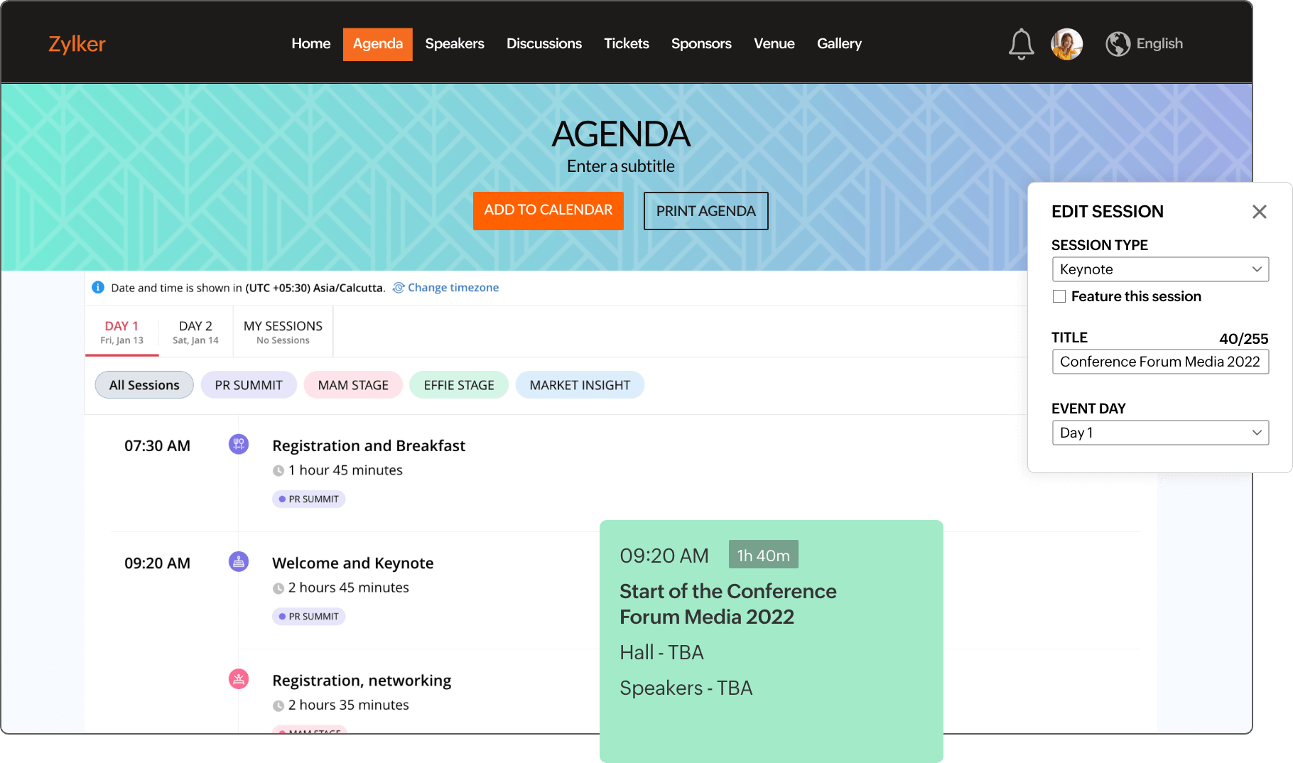 Event management platform displaying agenda on event website