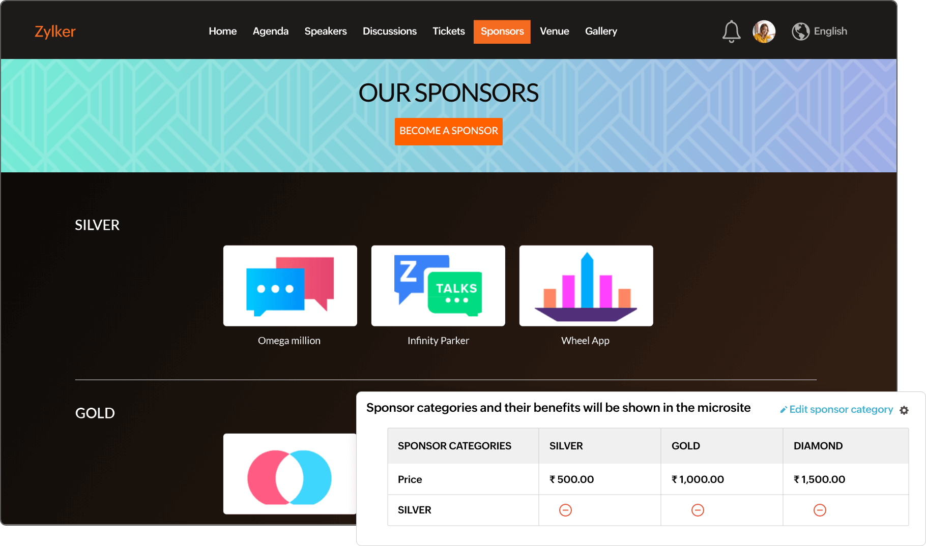 Event management software displaying sponsors on event website