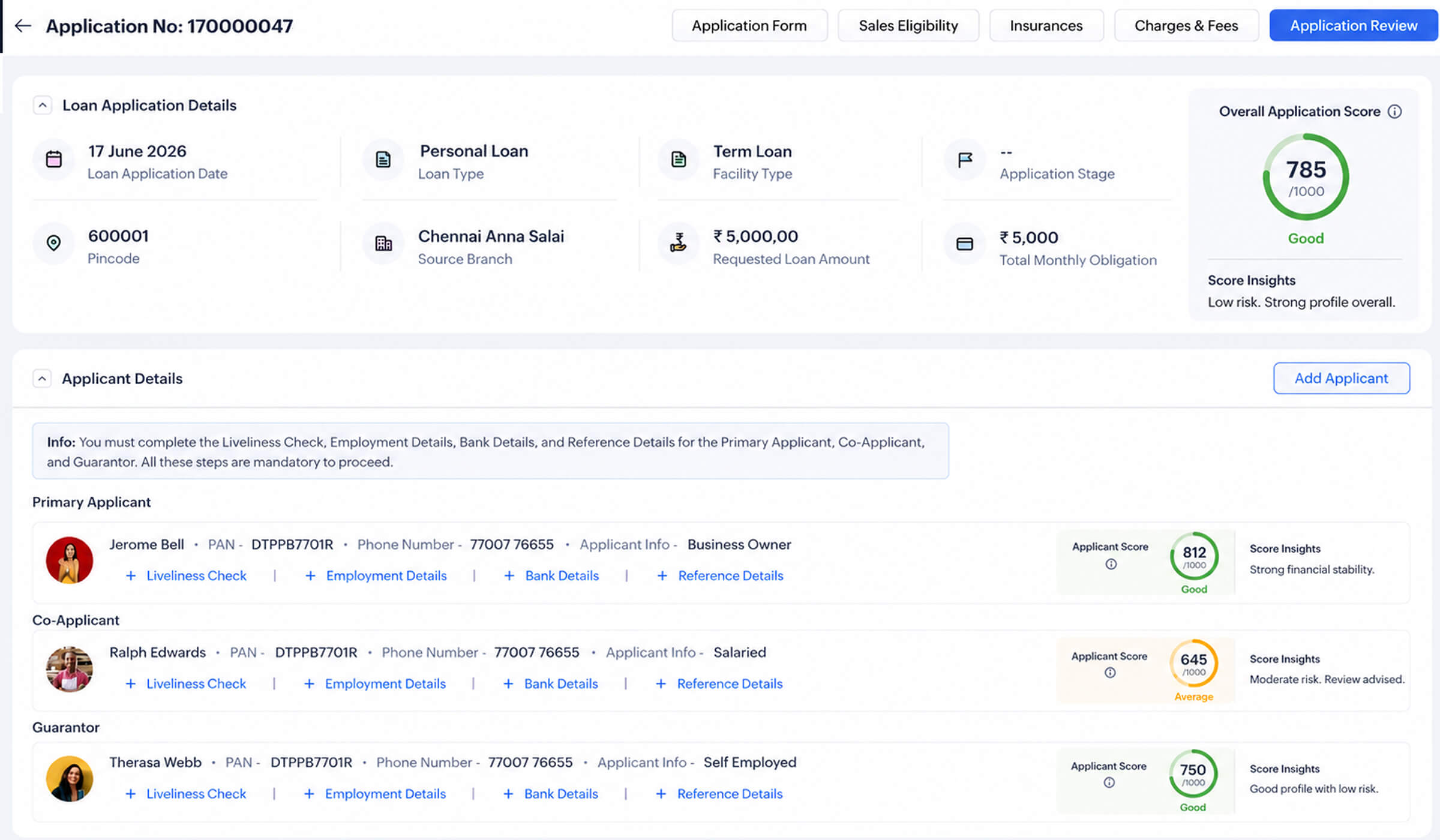 Loan application details screen listing application date, loan and facility type, branch, requested amount, and applicant, co-applicant and guarantor records.