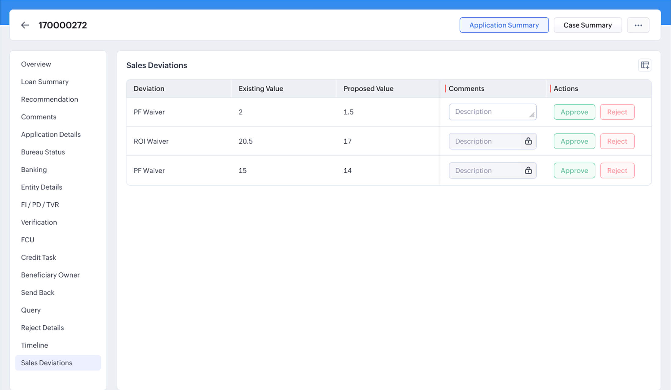Sales deviations screen listing deviation type, existing value, proposed value, comments, and approve or reject actions.