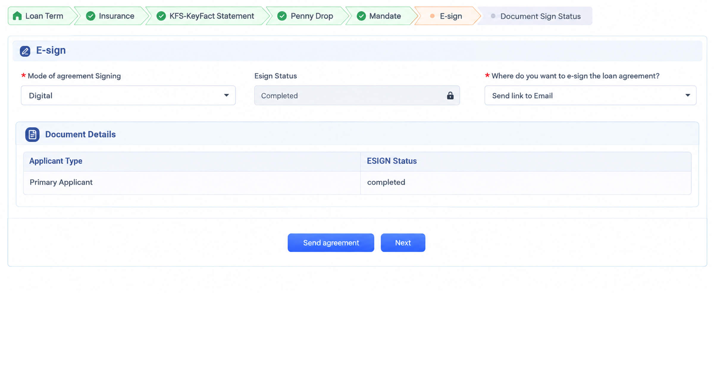 E-sign screen showing agreement signing mode, e-sign status, delivery method, and a document details table.