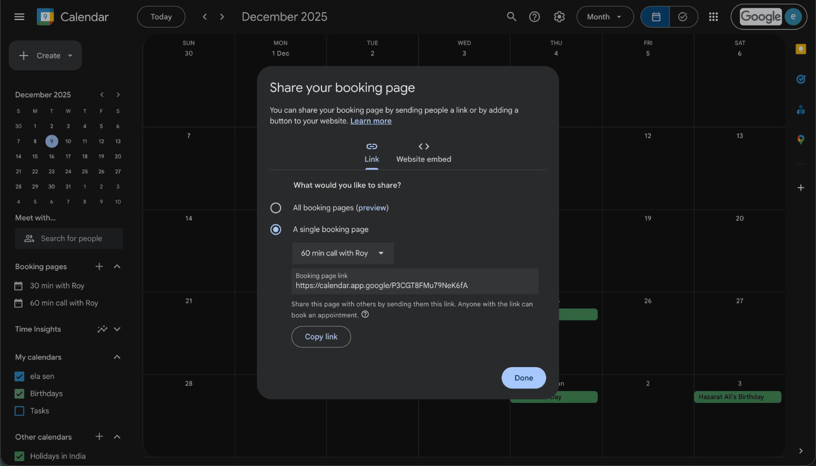Share a specific booking page