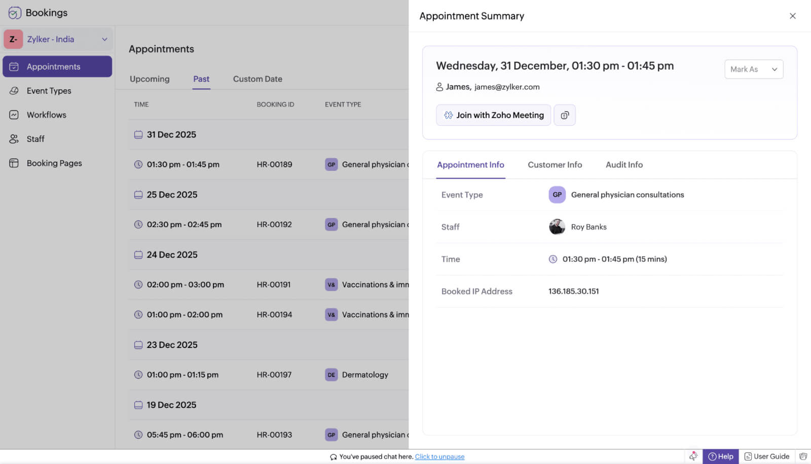 Zoho Bookings Dashboard