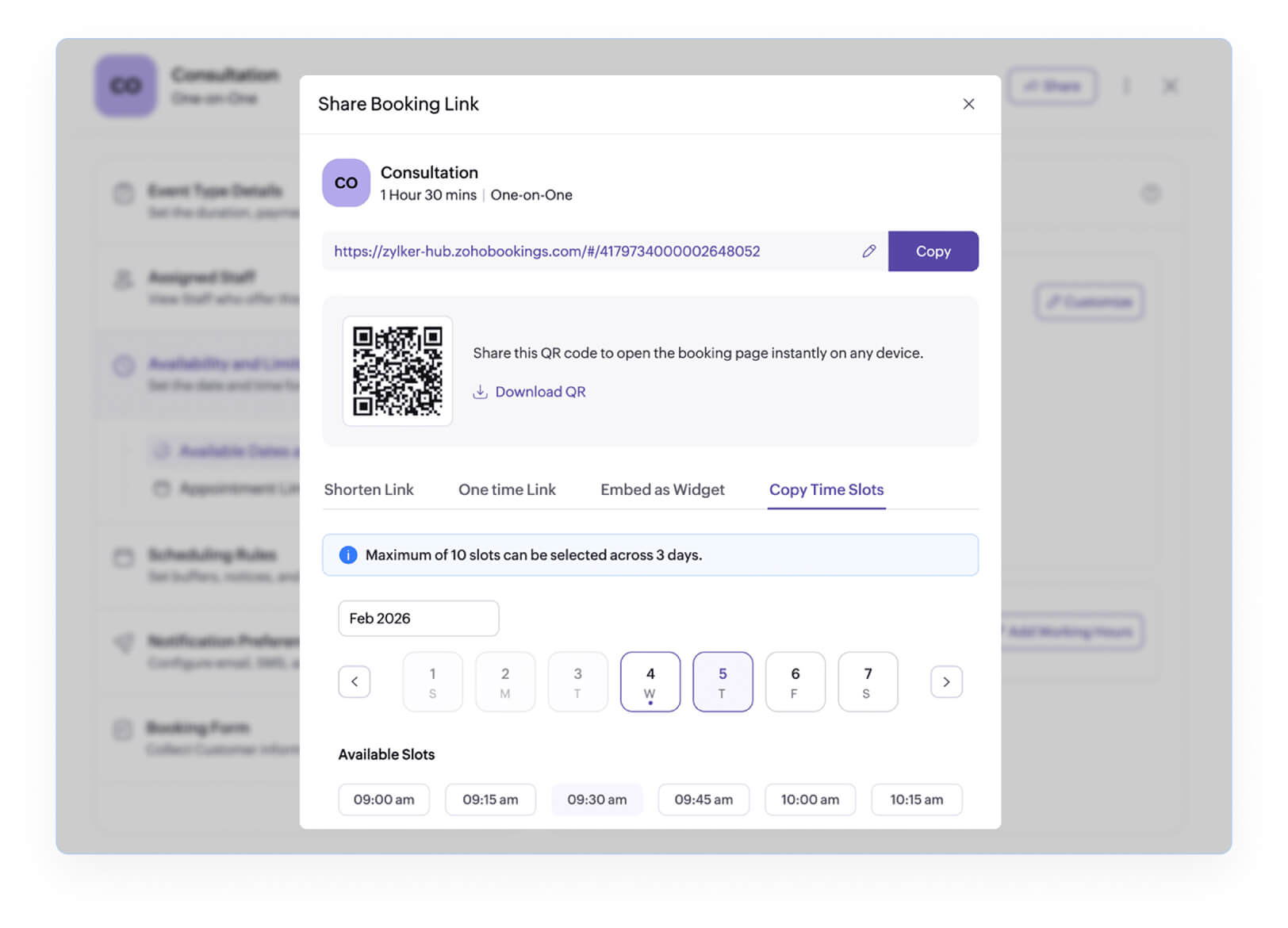 Share a single booking link screenshot