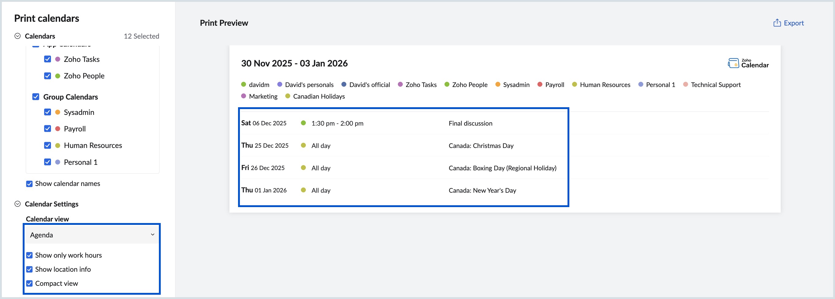 Options in Agenda view