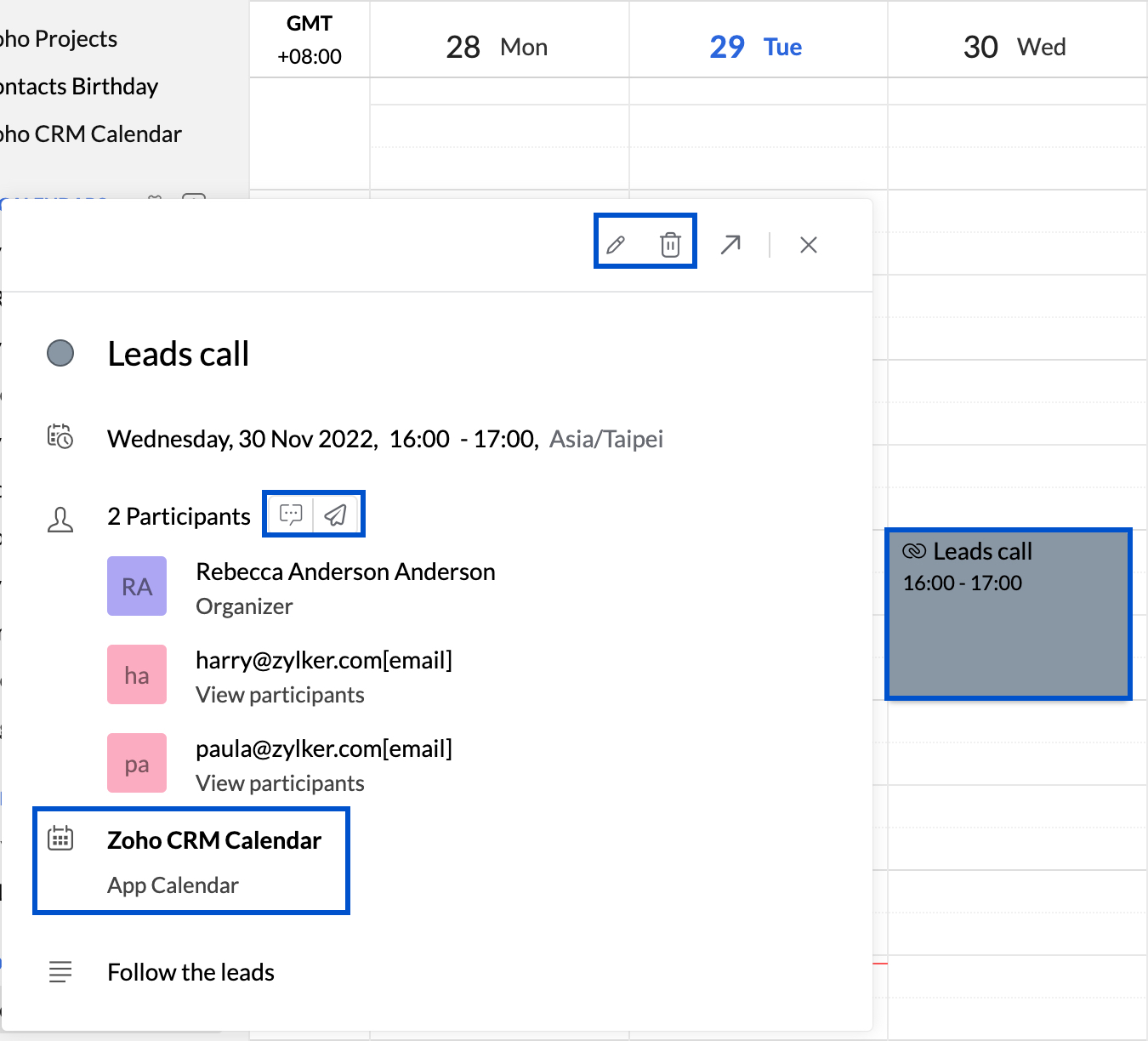 Zoho CRM Sync Zoho Calendar