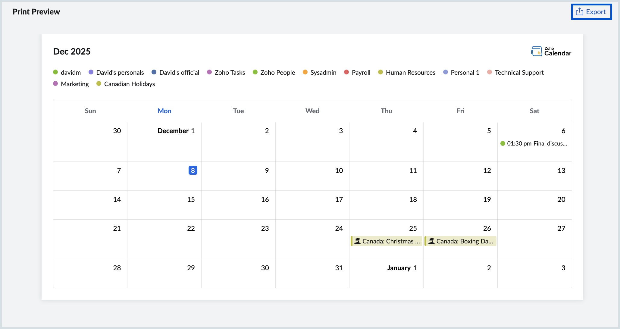 Export calendar view