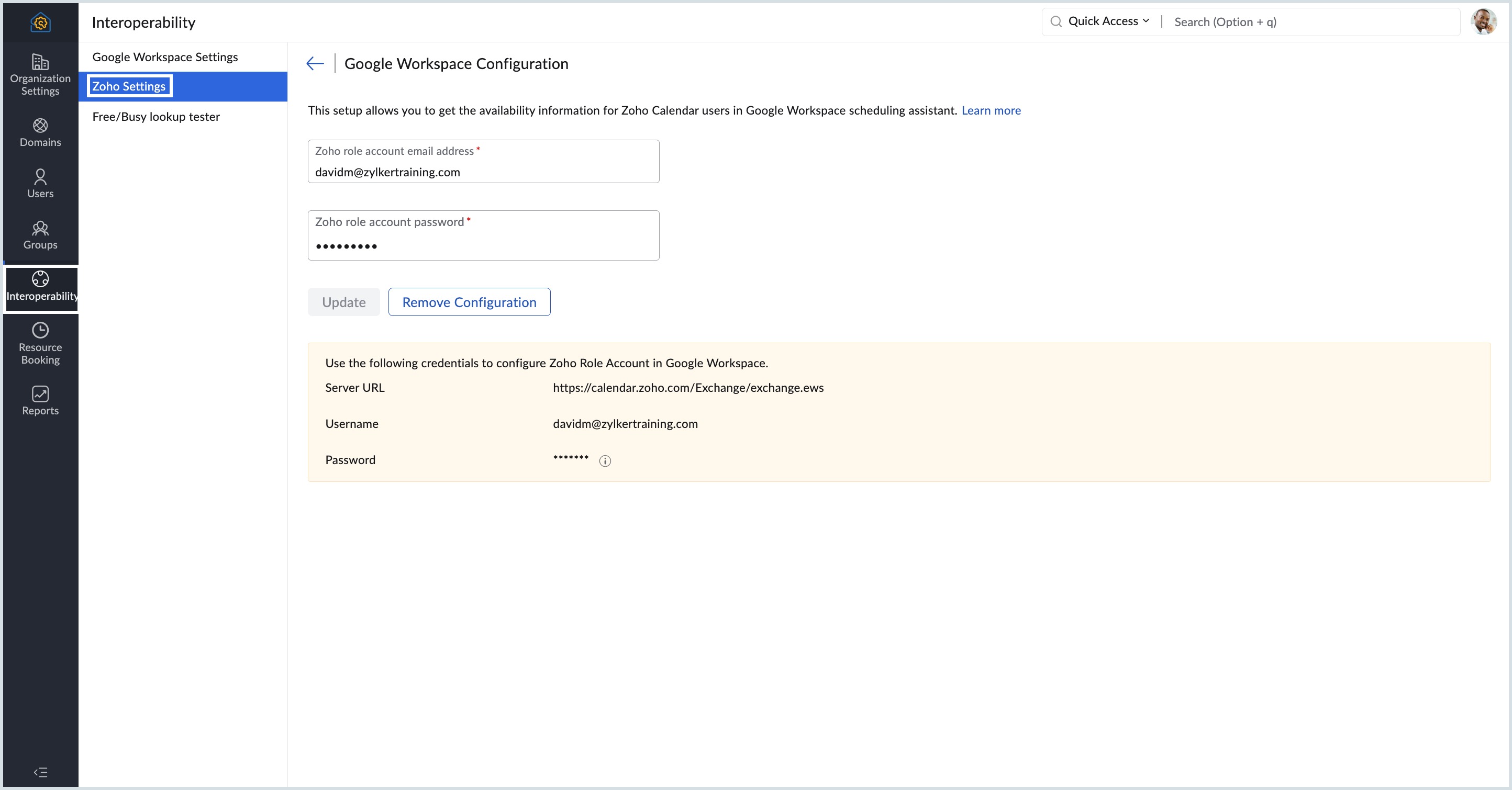 Zoho role account configured