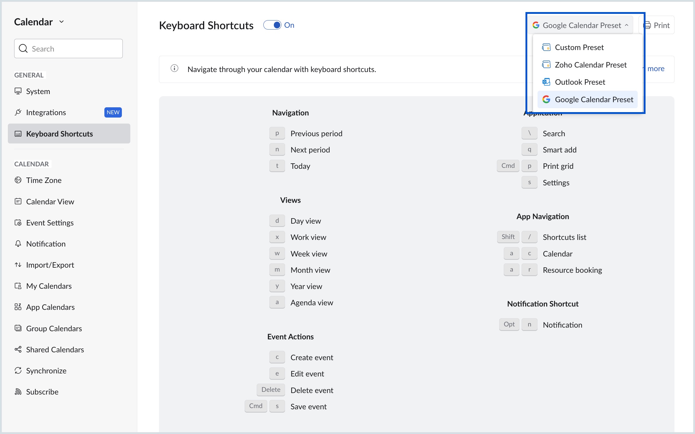 Available keyboard shortcut preset Available keyboard shortcut preset
