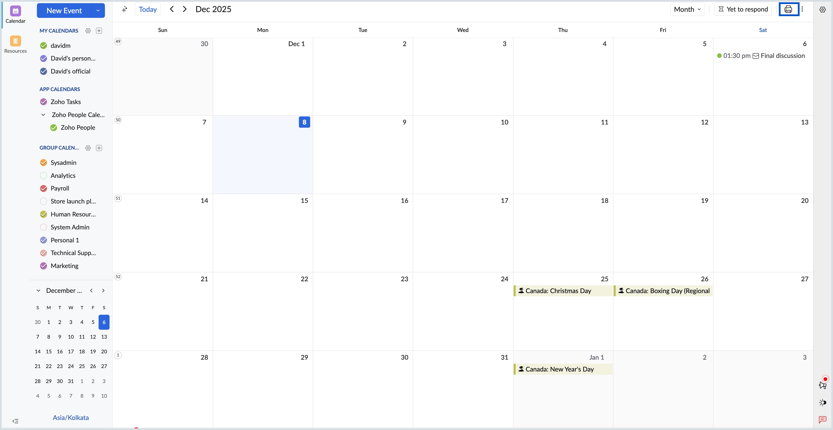 Print a calendar view