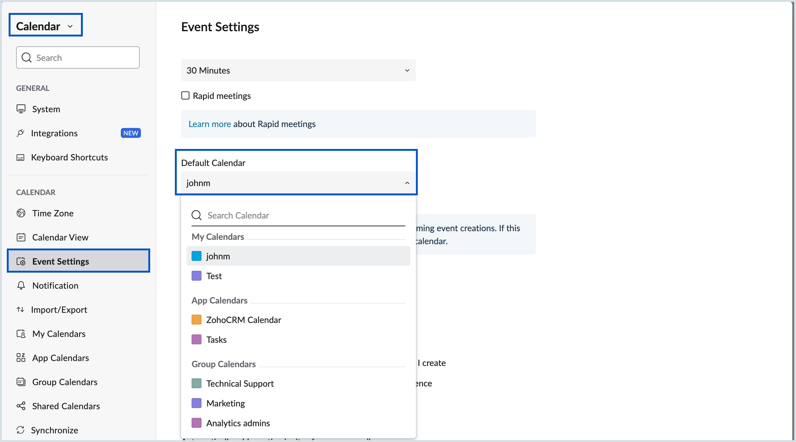 set-default calendar