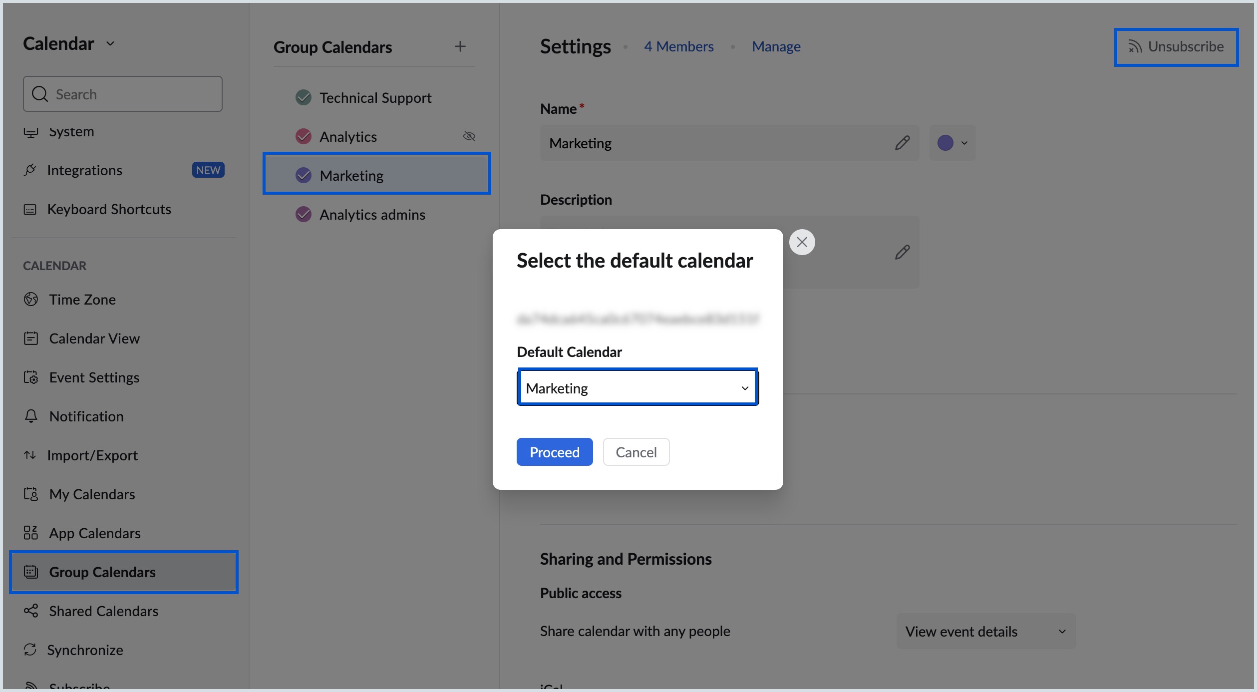 unsubscribe default calendar