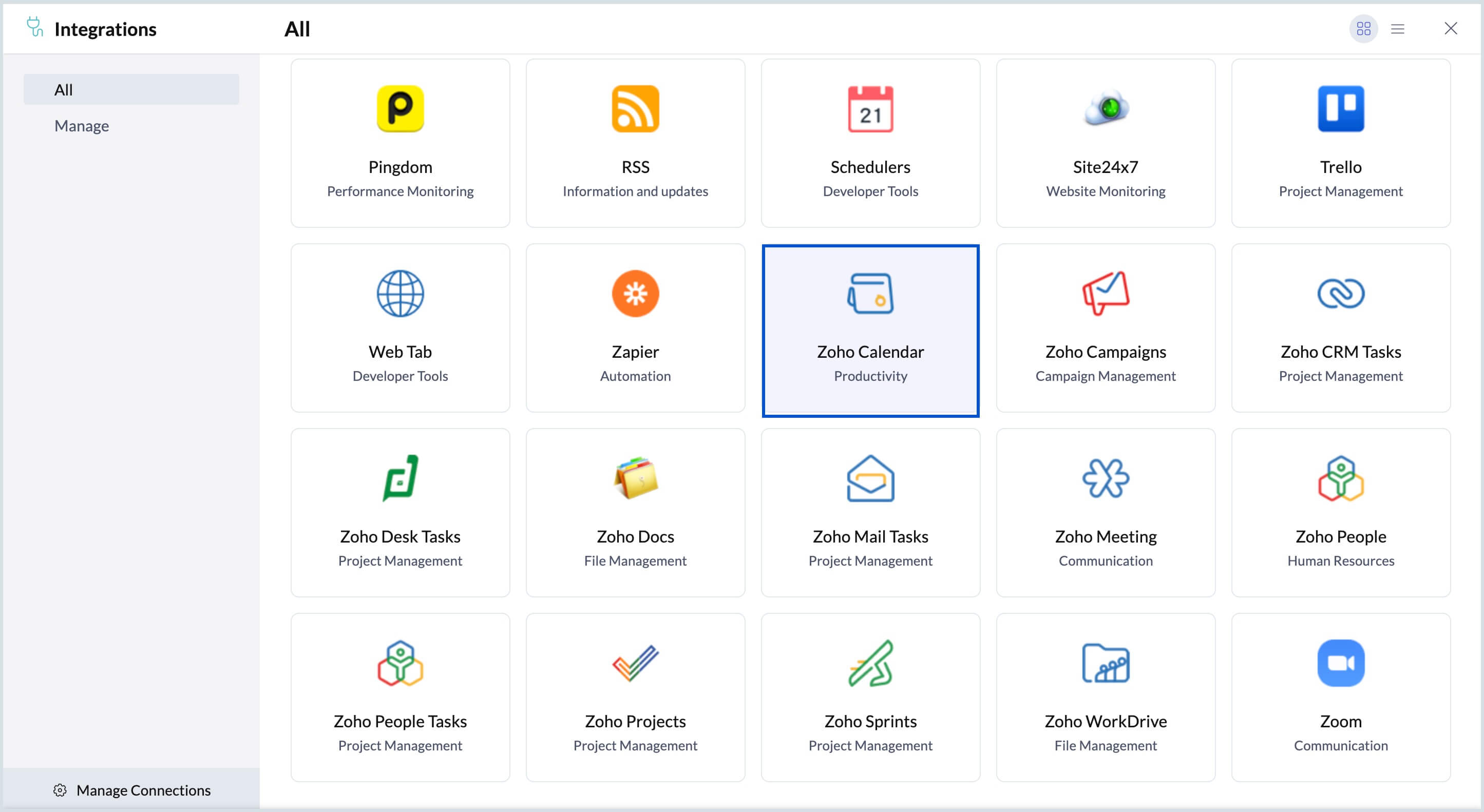 Zoho Calendar in Integrations