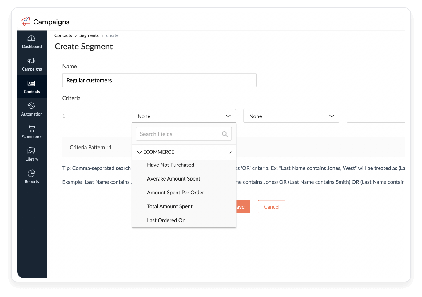 Zoho CRM segment creation interface
