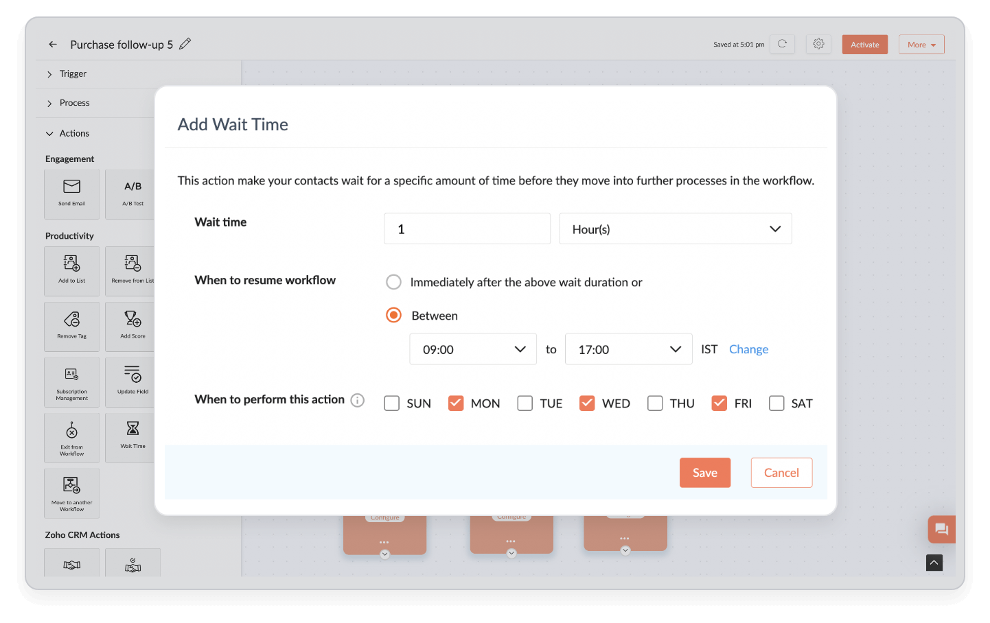 Zoho CRM workflow wait time configurations