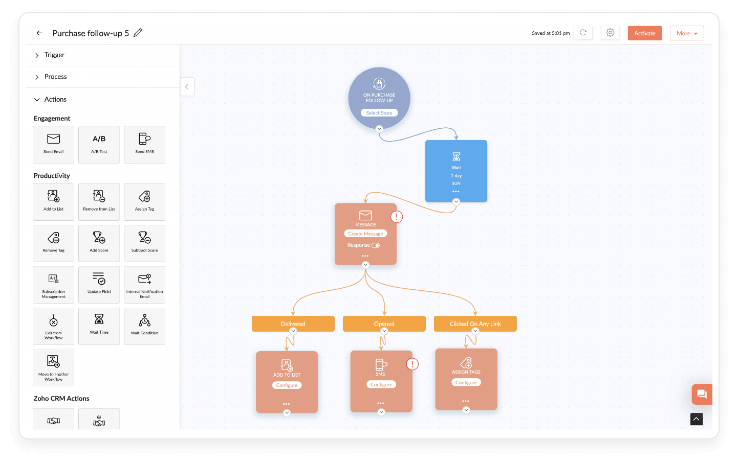 Zoho CRM purchase follow-up workflow