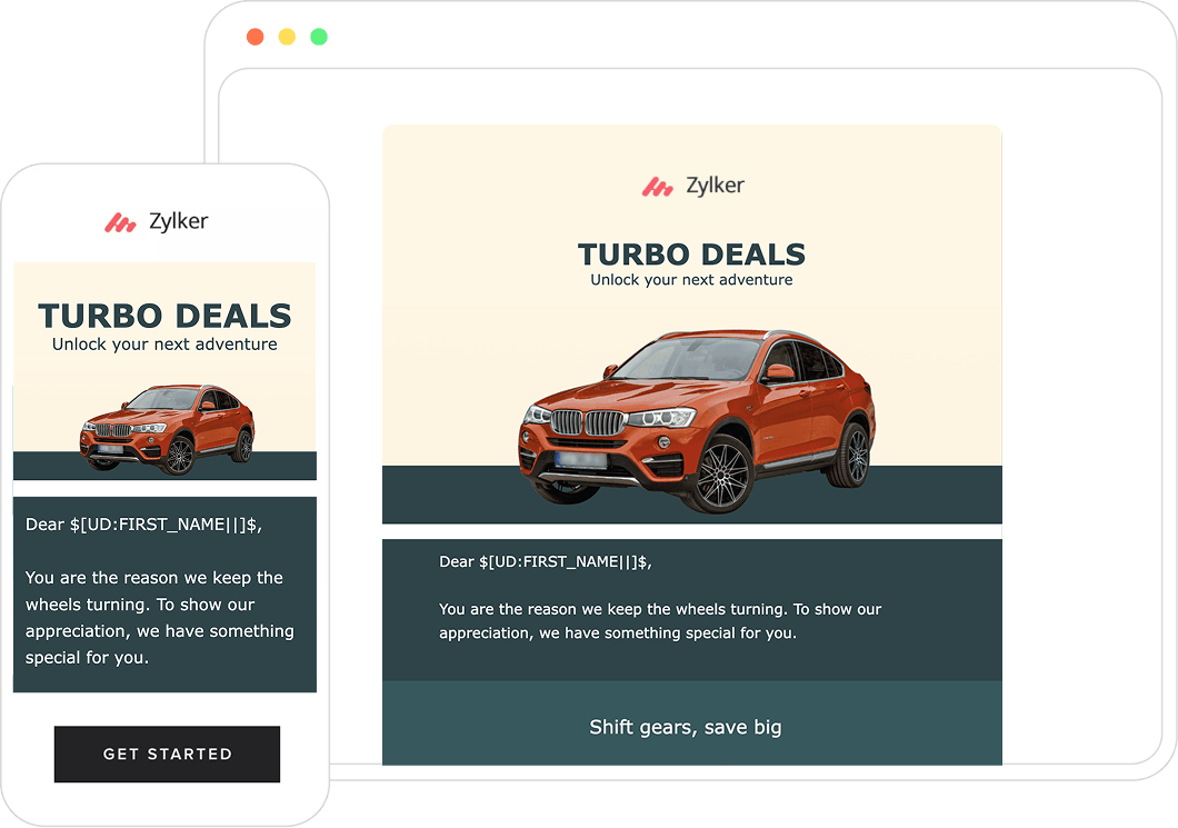 Desktop and mobile previews of the same email design shown side by side.