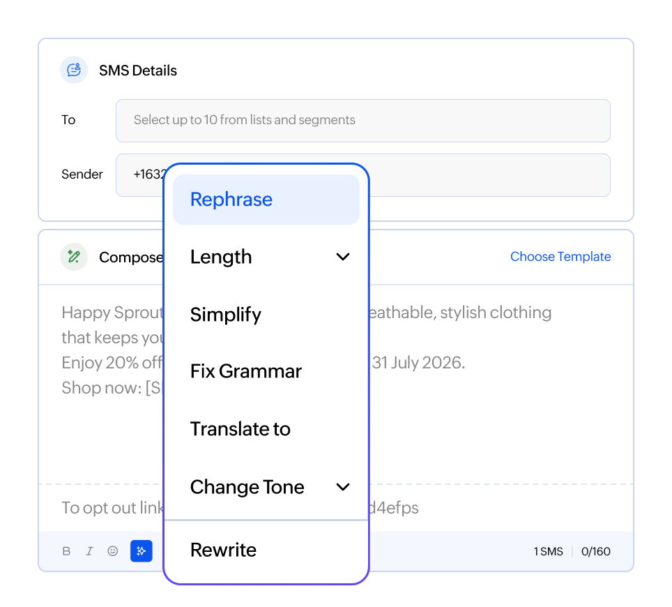 Reworking existing SMS copy with Zia
