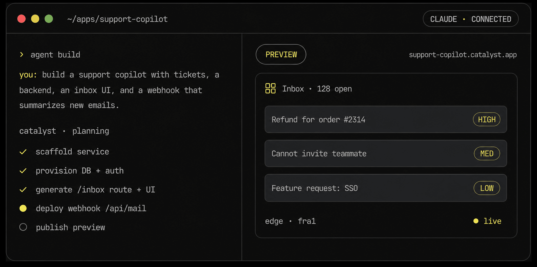 The Catalyst console with an agent generating a service alongside its live deployment log.