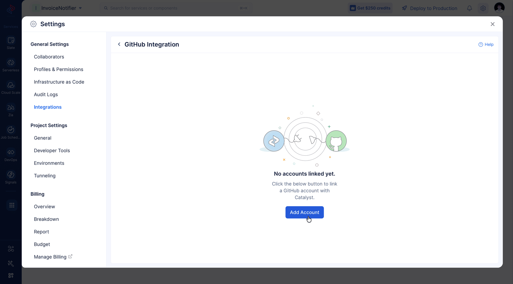 GitHub integration settings in Catalyst with the Add Account button