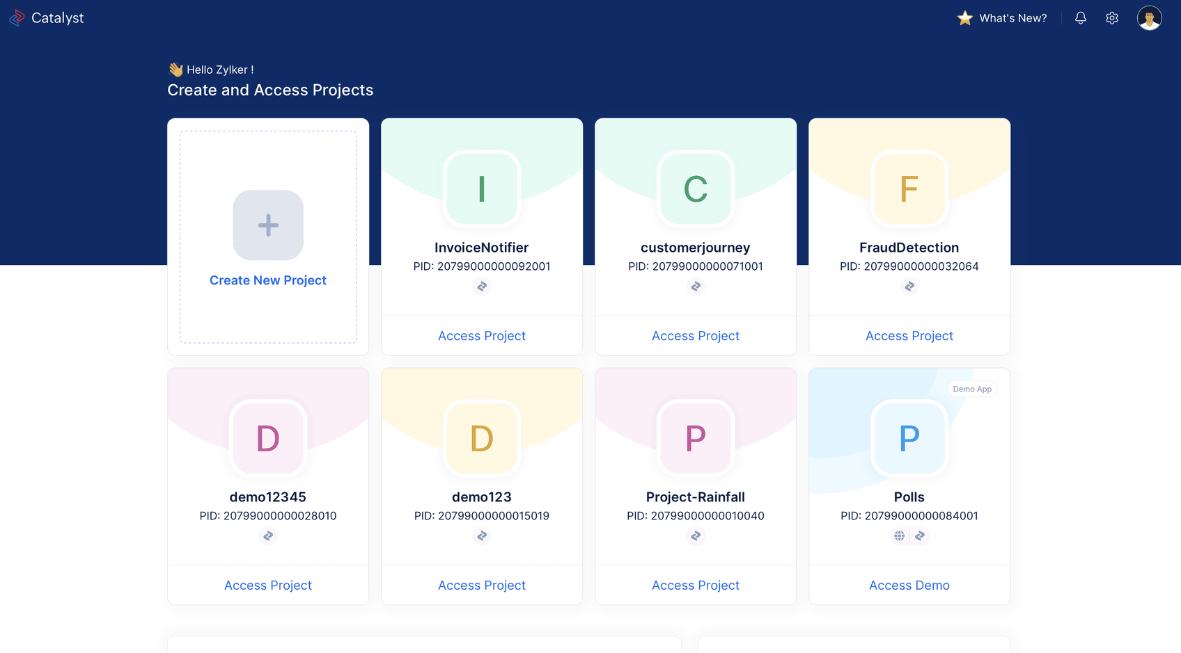 Create and access projects screen in the Catalyst console