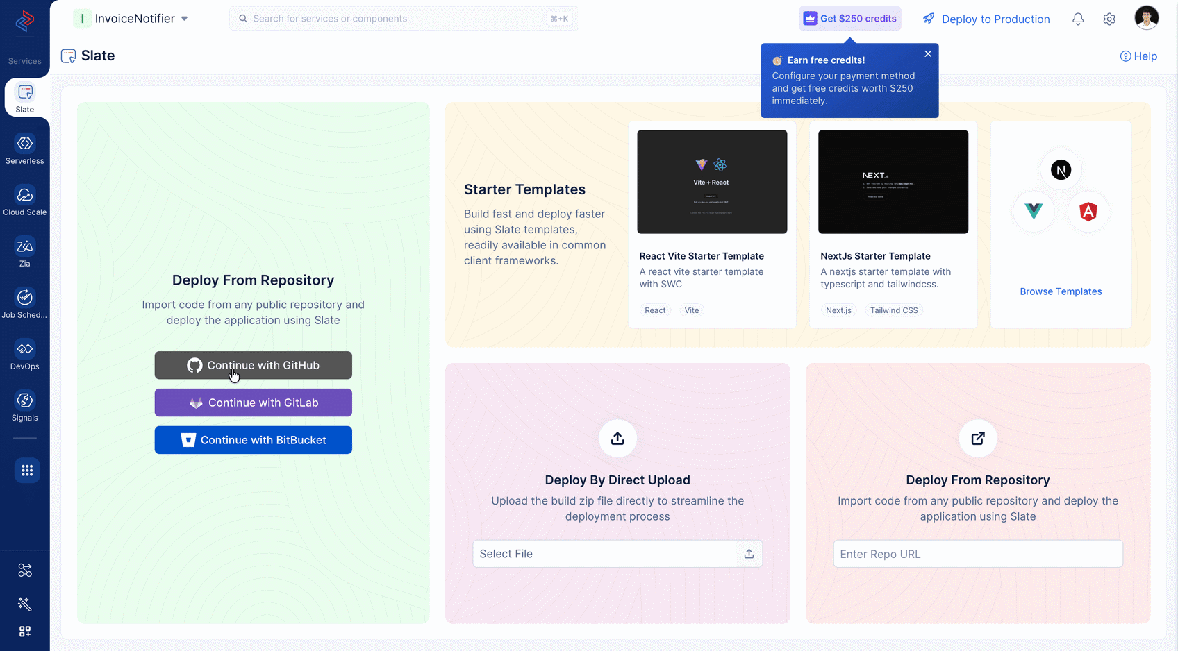 Deploy from repository options in Catalyst Slate including Continue with GitHub