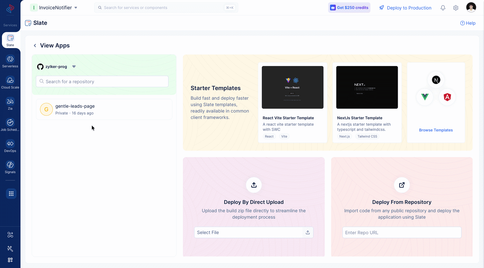 Catalyst Slate View Apps screen listing the connected GitHub repositories