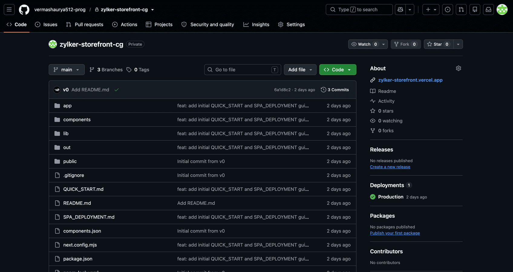 Newly created v0 project repository listed in GitHub