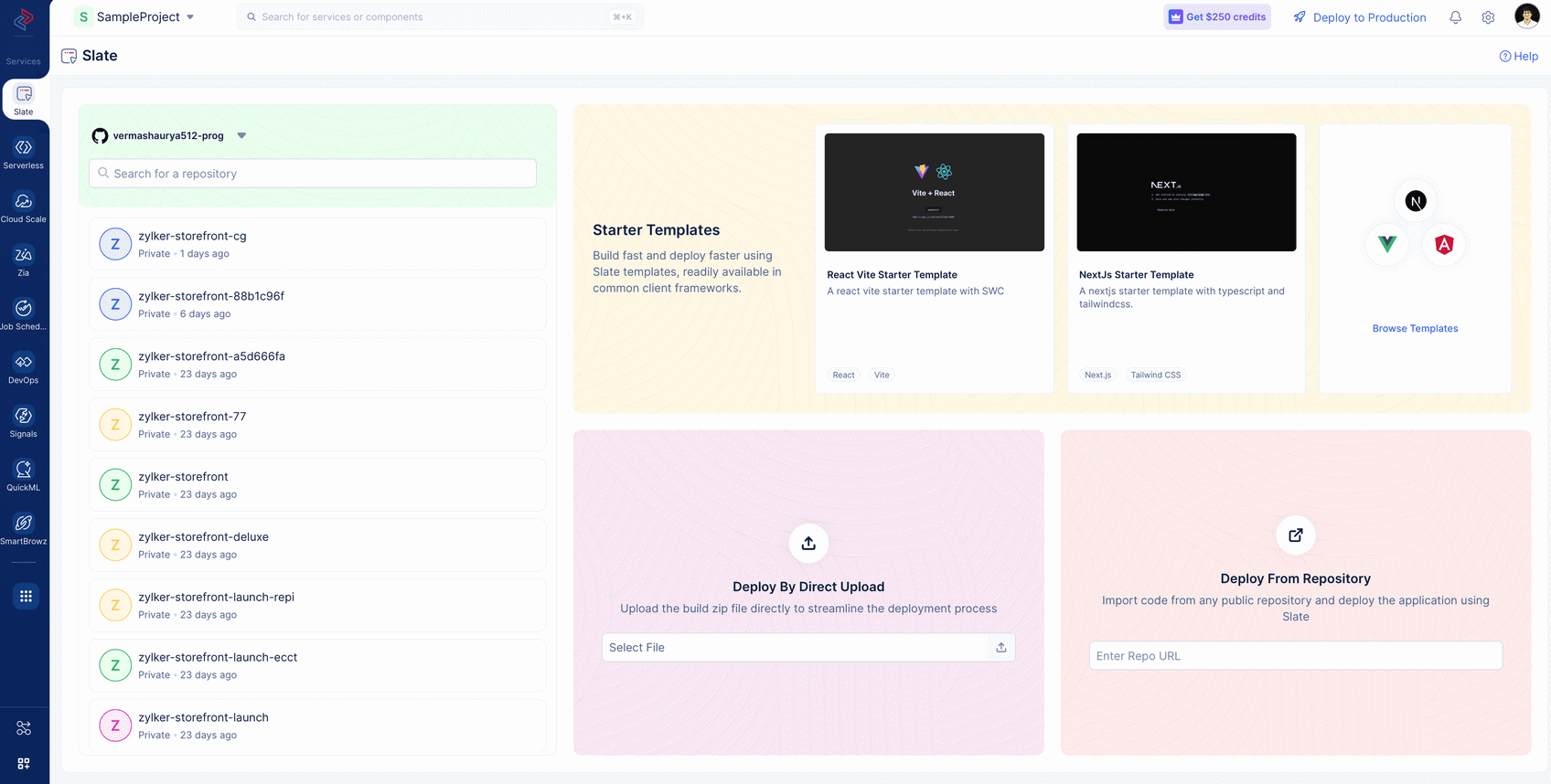 Catalyst Slate showing repository list, direct upload, and deploy from repository options