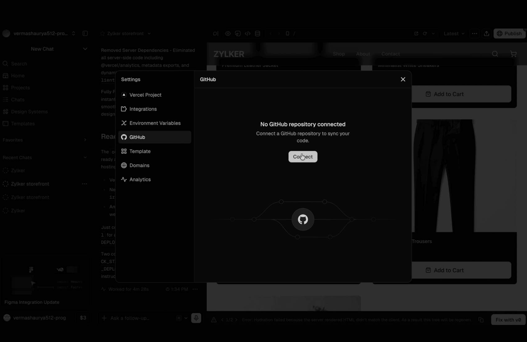 GitHub tab in v0 settings showing no GitHub repository connected and a Connect button