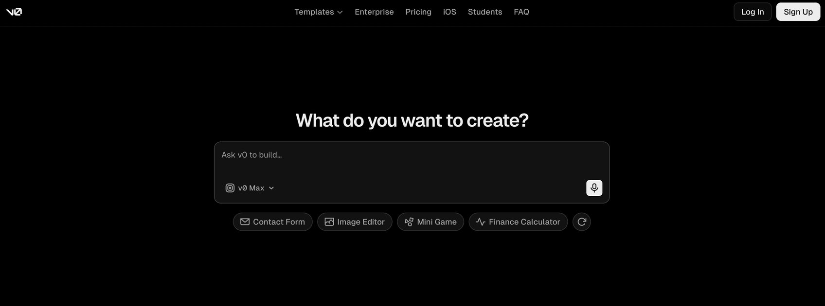 v0 home screen with the prompt box asking what do you want to create
