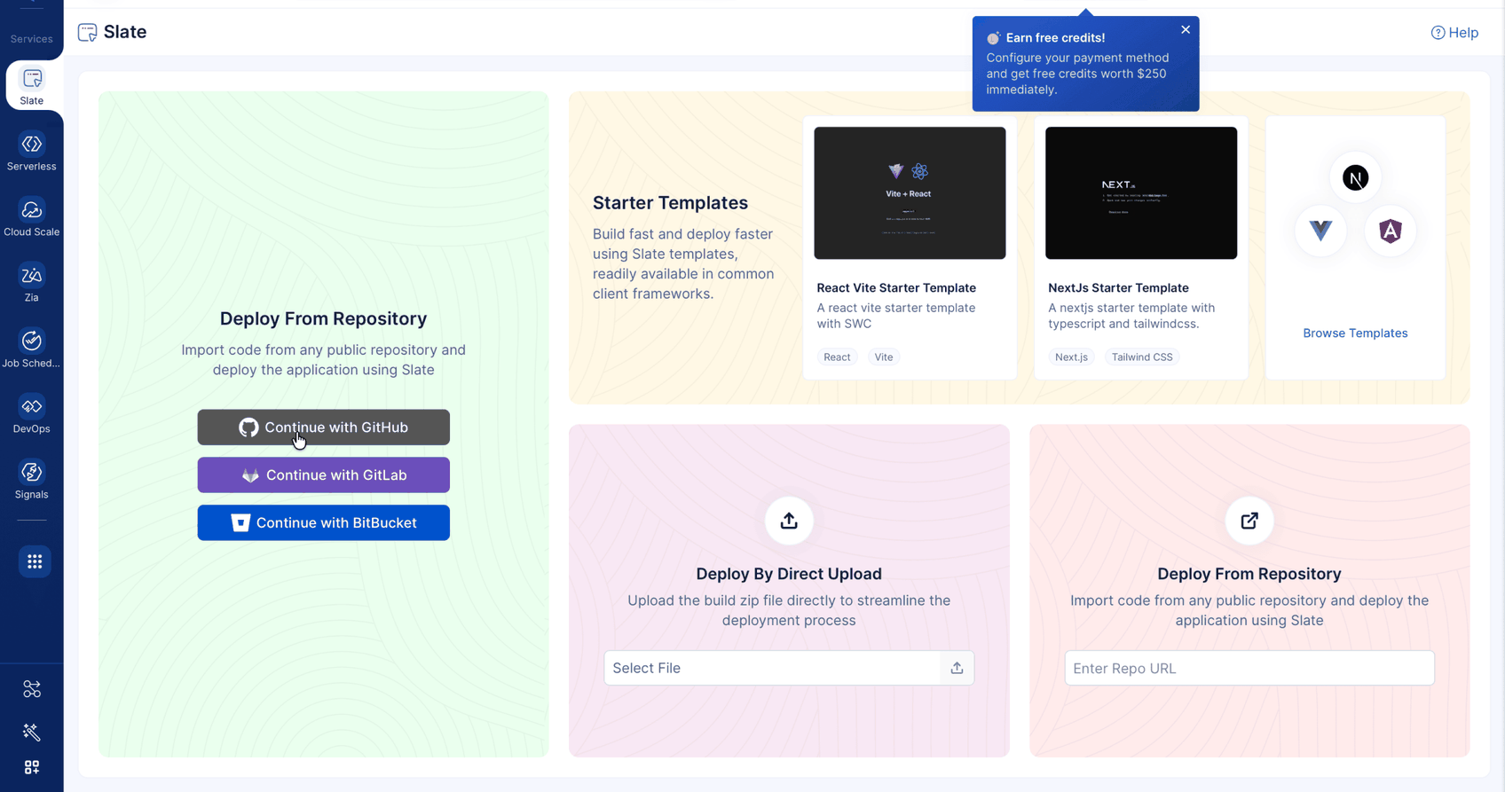 Deploy from repository options in Catalyst Slate including Continue with GitHub