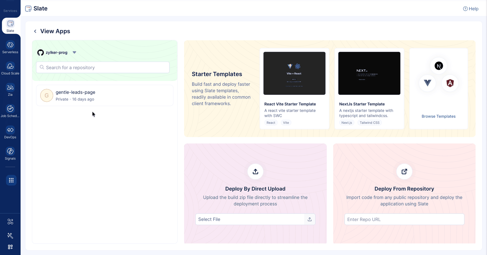 Catalyst Slate View Apps screen listing the connected GitHub repositories