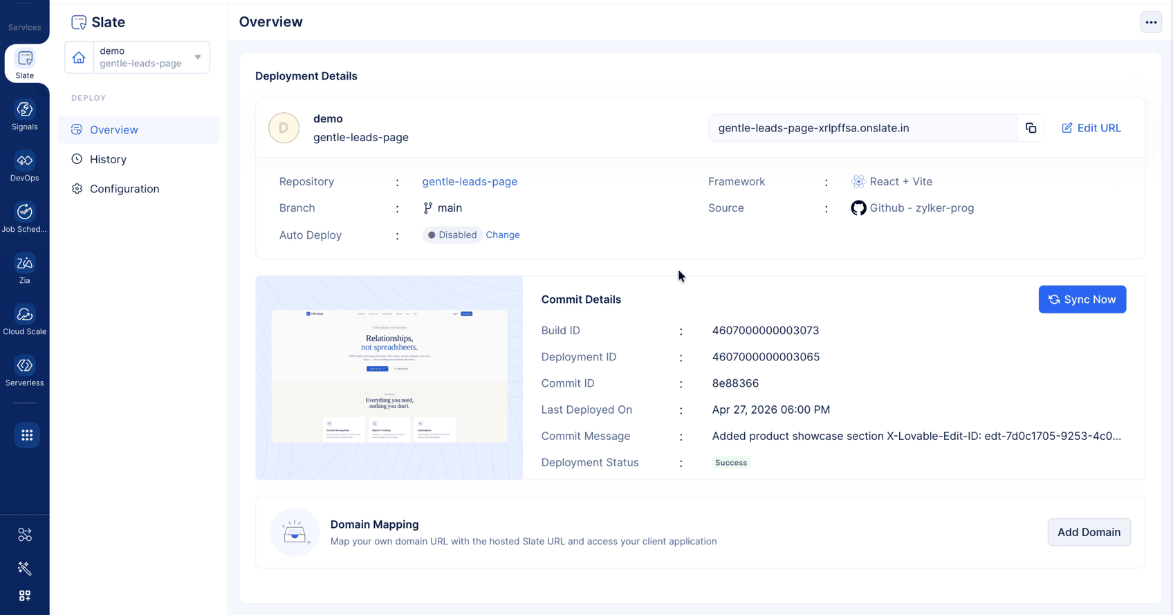 Catalyst Slate overview page with the Add Domain option under domain mapping
