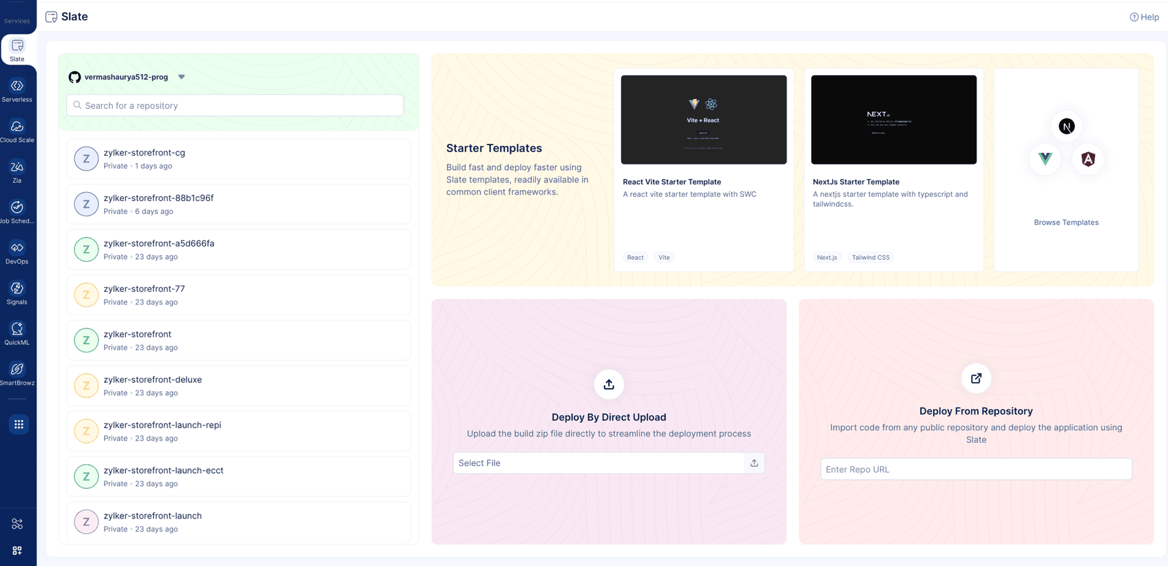 Catalyst Slate showing repository list, direct upload, and deploy from repository options