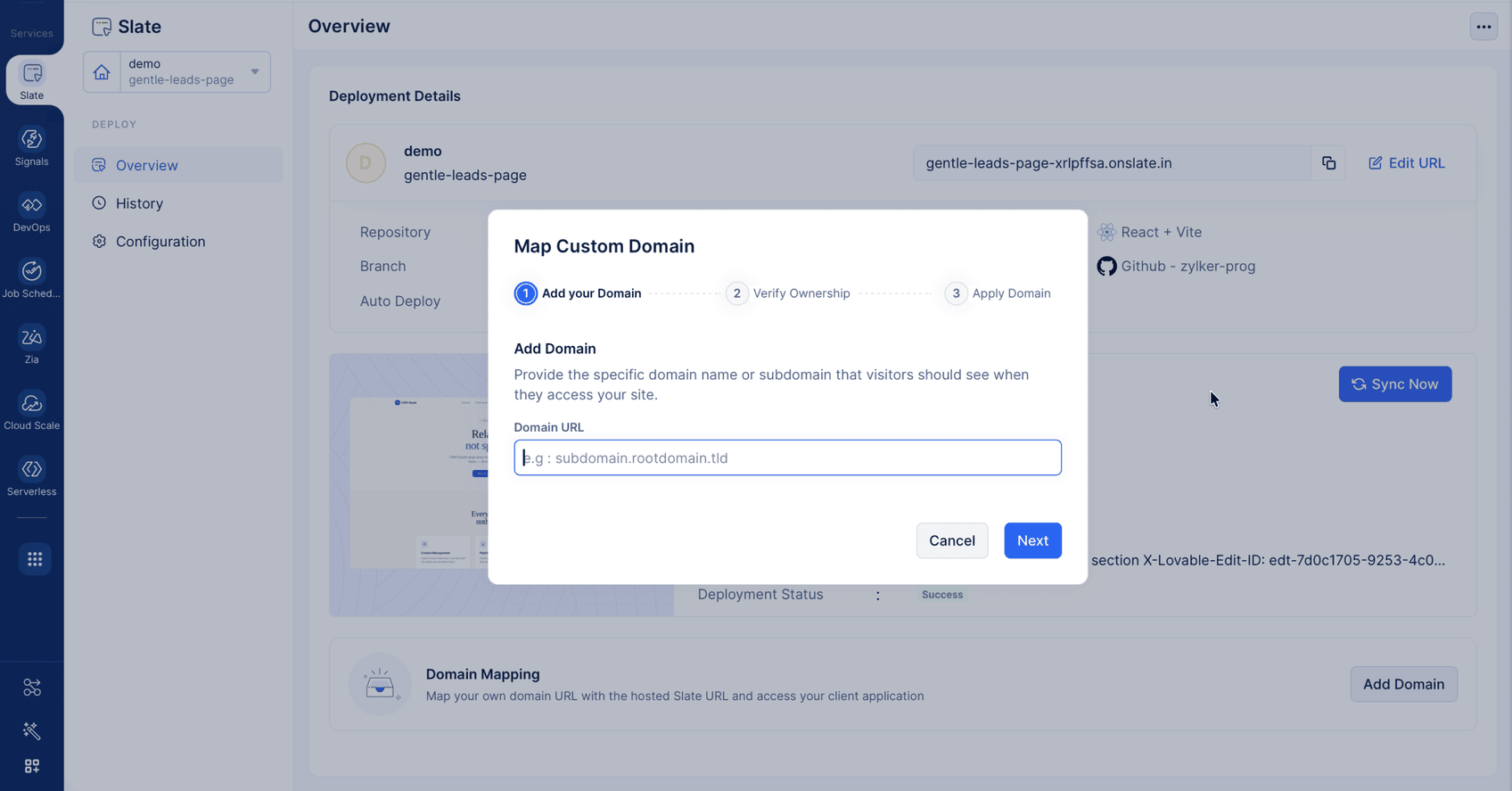 Map custom domain dialog in Catalyst Slate asking for the domain URL