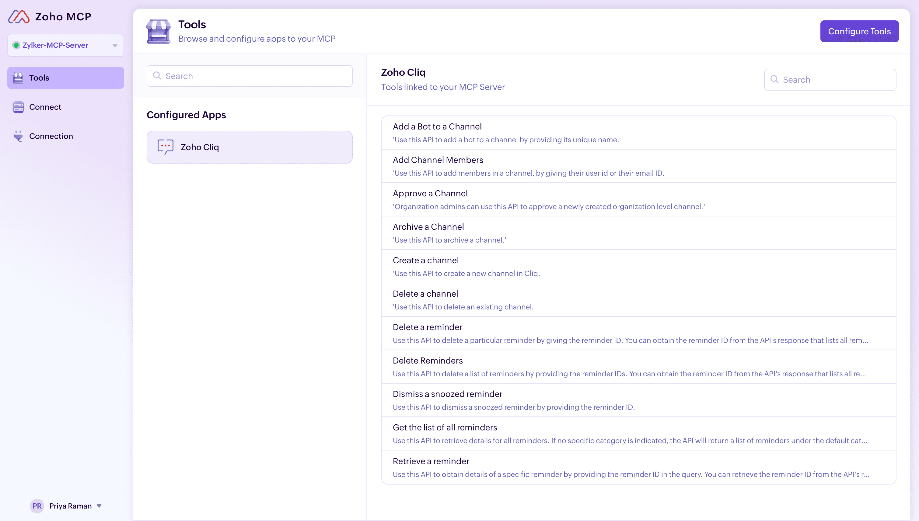 Zoho Cliq Channels and Reminder endpoint tools in Zoho MCP Server