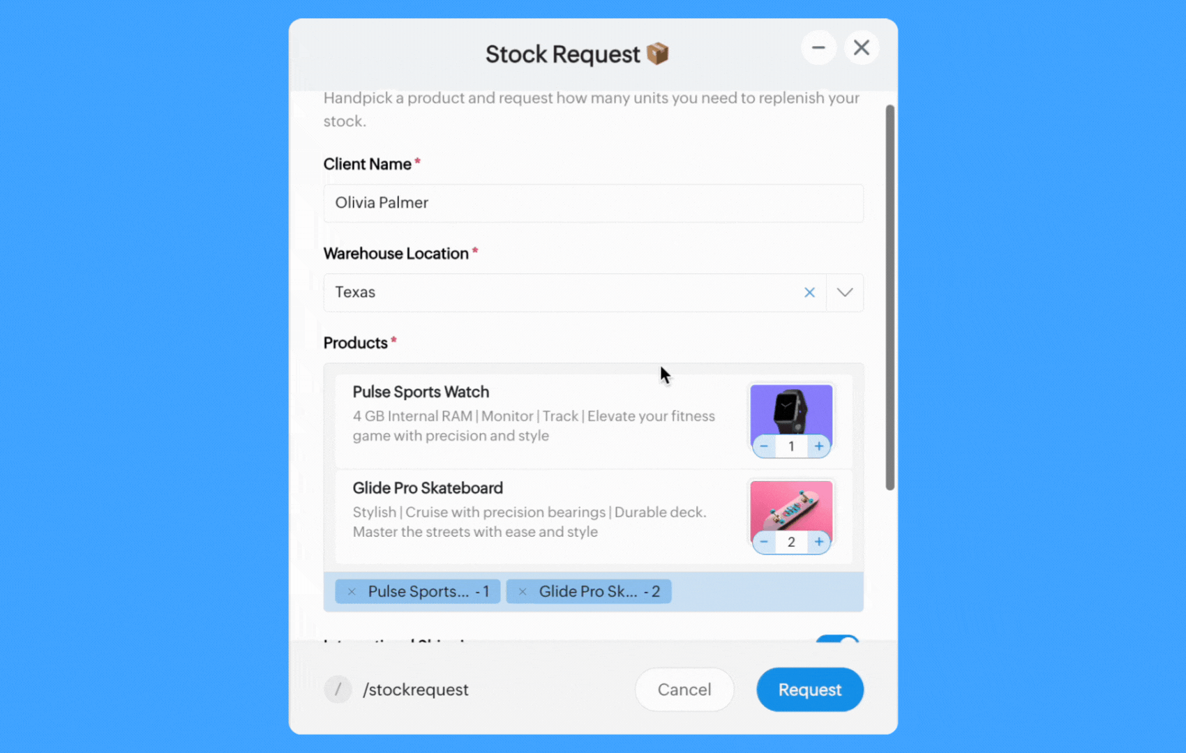 Warehouse stock request form with catalogue inputs and product thumbnail and descrption with Cliq Form builder