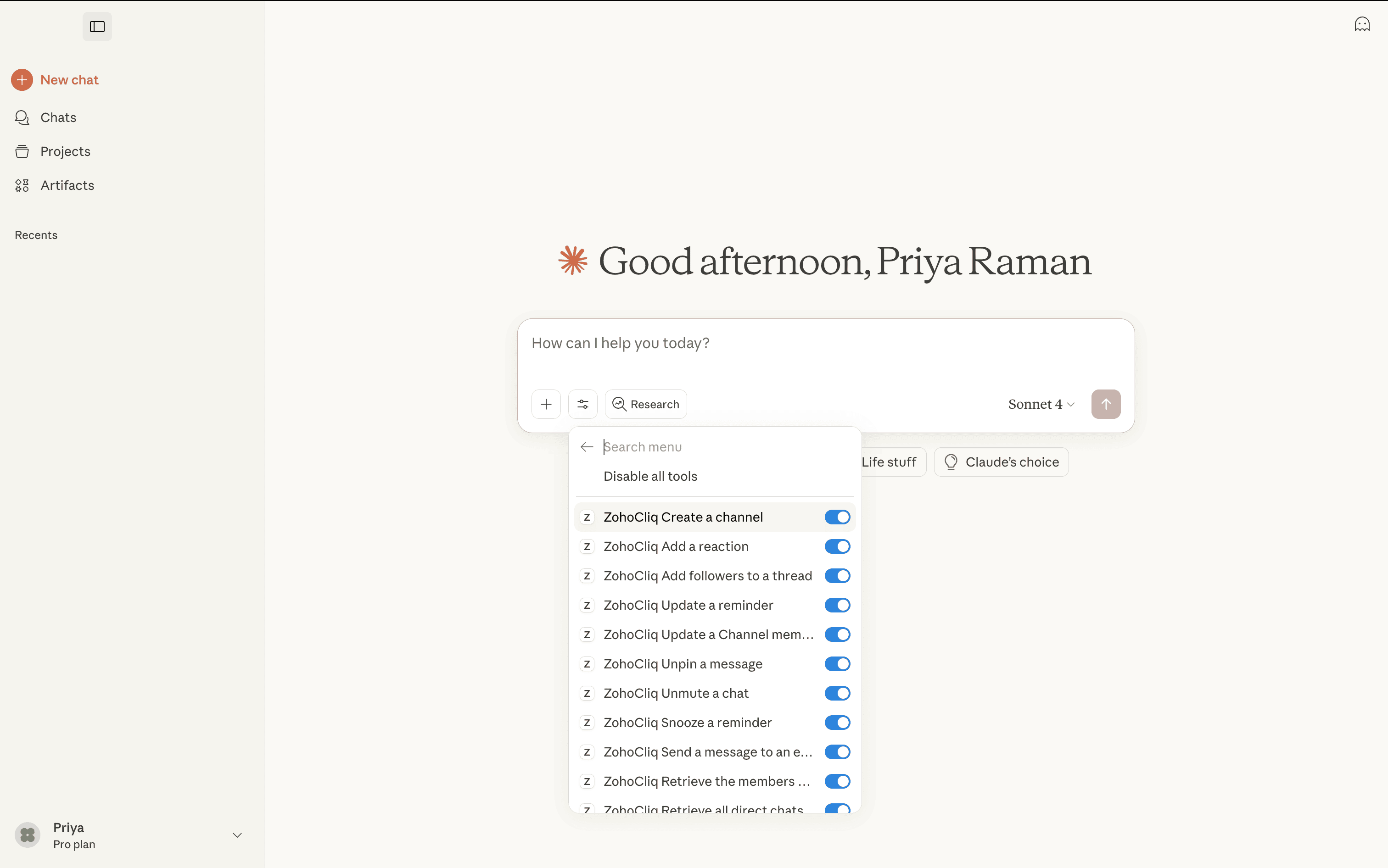 Zoho Cliq tools in Claude Connector