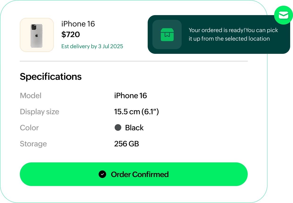 Order confirmed notification for pickup