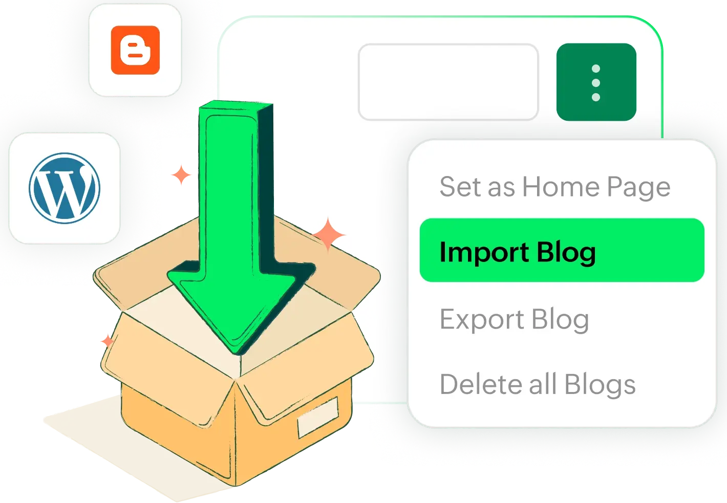  Green arrow pointing into an open box, with WordPress and Blogger logos in the background, and a menu showing 'Import Blog' highlighted.