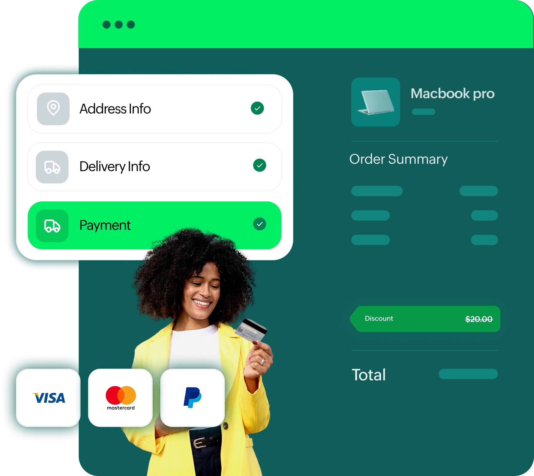 Checkout screen showing payment methods and transaction summary.
