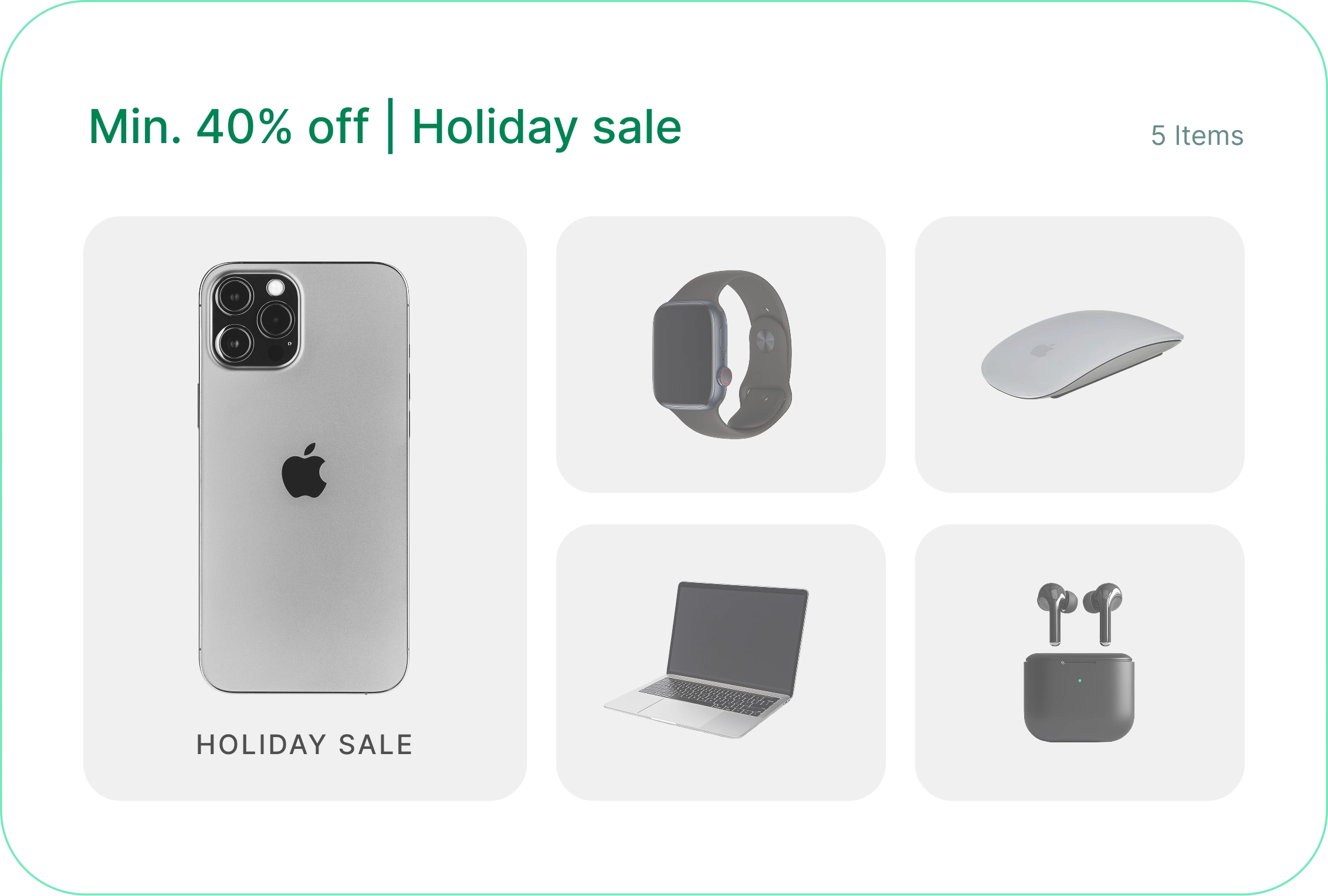 Holiday sale display: iPhone, Apple Watch, Magic Mouse, MacBook, and AirPods, with 'Min. 40% off'.